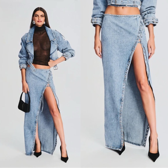 Retrofete Denim - Retrofete Zahlia Skirt in Alani blue denim
 Lace up maxi high slit Revolve M
